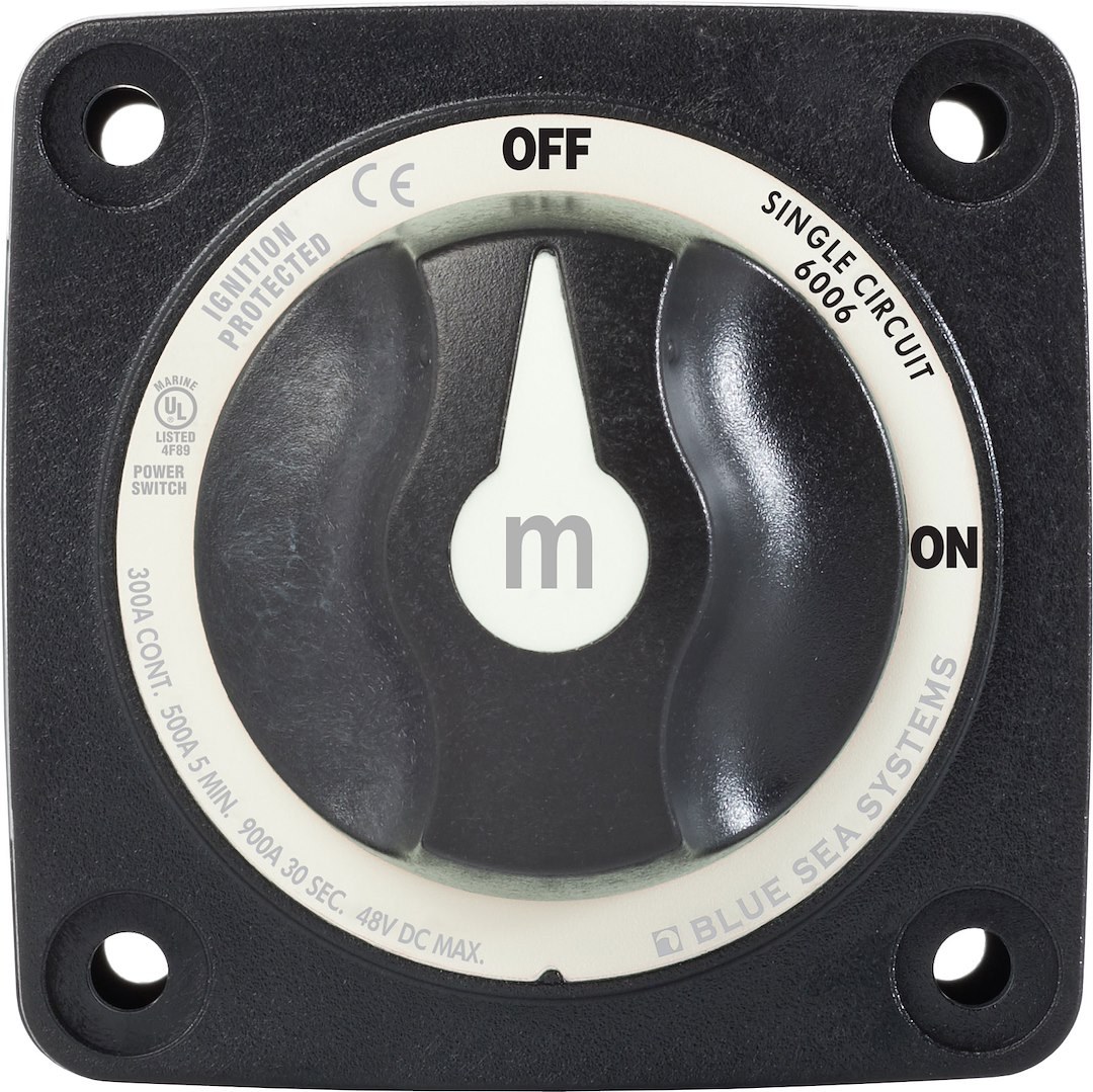 Blue Sea Systems Battery Disconnect Switch, M Series, 48 Volts DC, Single Circuit On-Off, 300 Amps, Black, With Key, Tinned Copper Stud – 6006200-BSS
