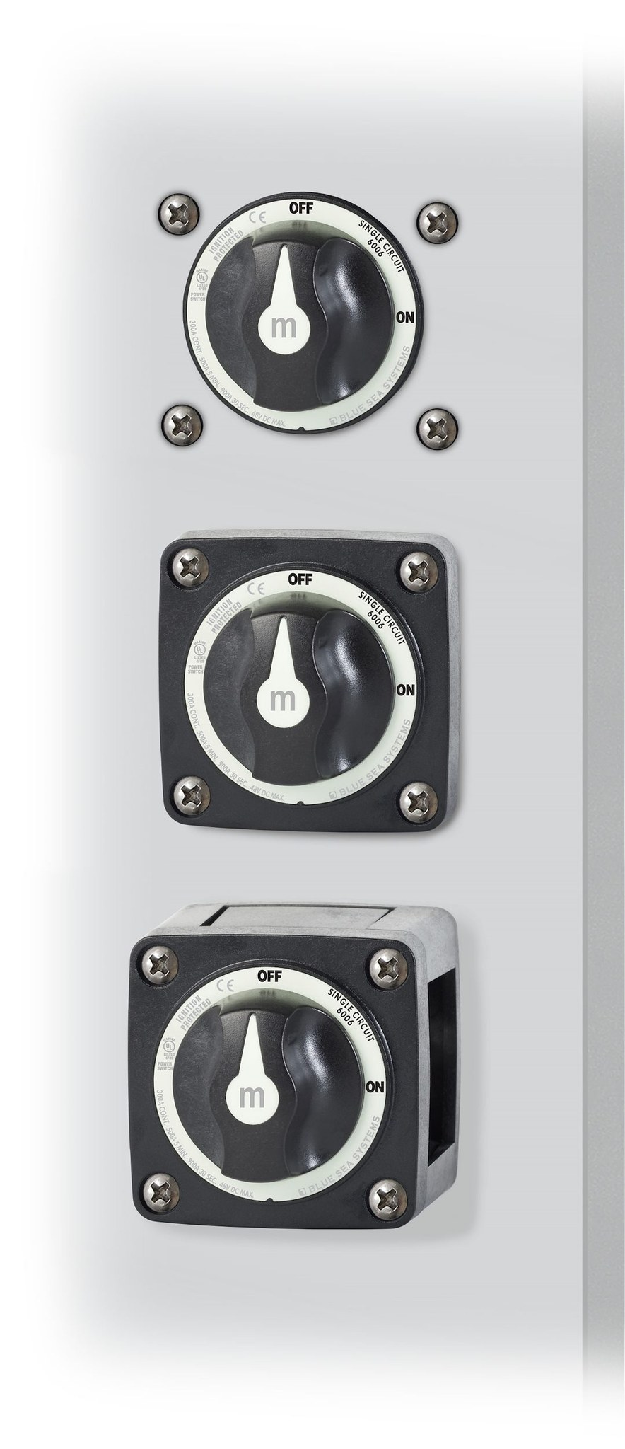 Blue Sea Systems Battery Disconnect Switch, M Series, 48 Volts DC, Single Circuit On-Off, 300 Amps, Black, With Key, Tinned Copper Stud – 6006200-BSS