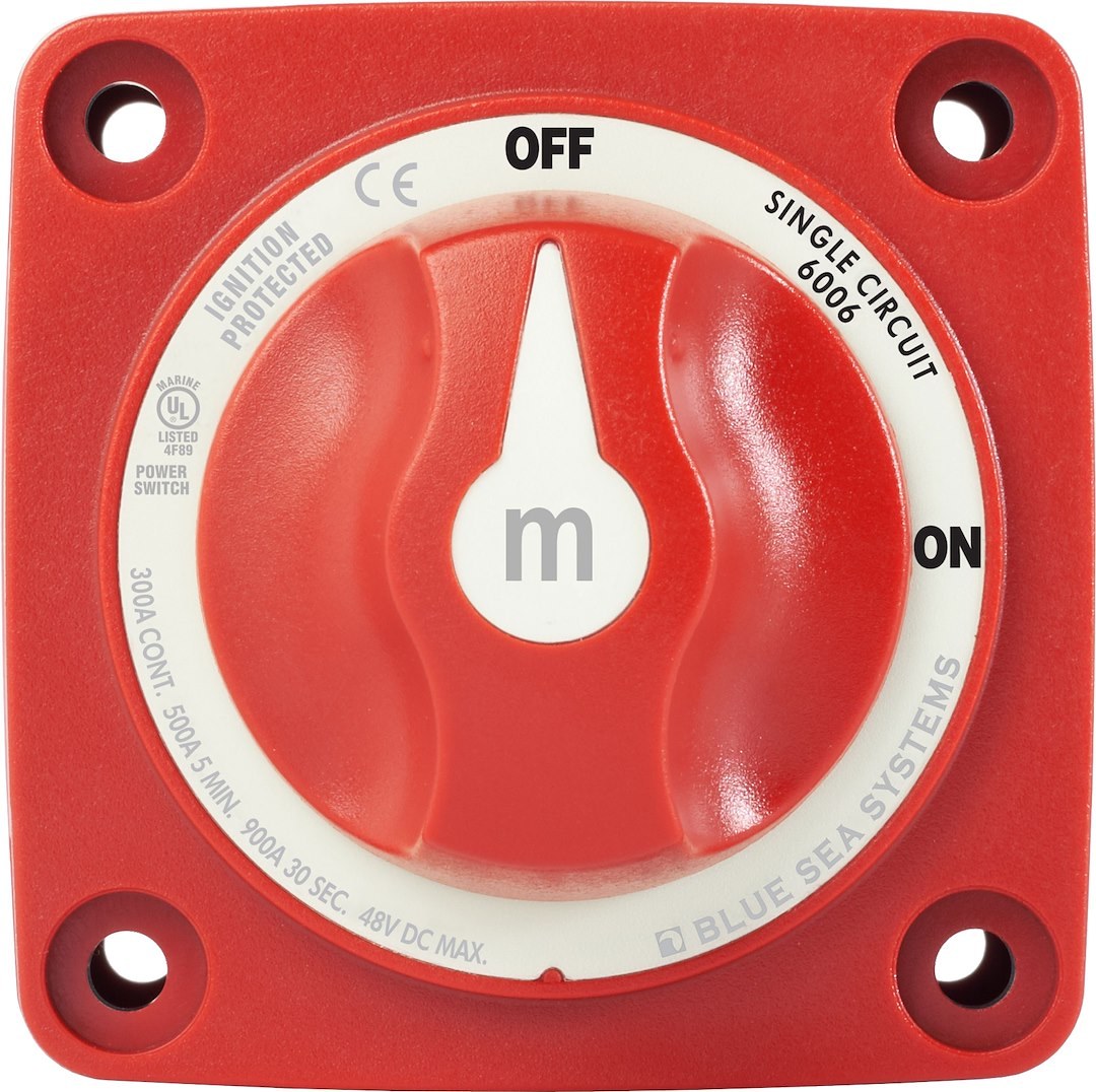 Blue Sea Systems Battery Disconnect Switch, 48 Volts DC, Single Circuit On-Off, 300 Amps, Red – 6006-BSS
