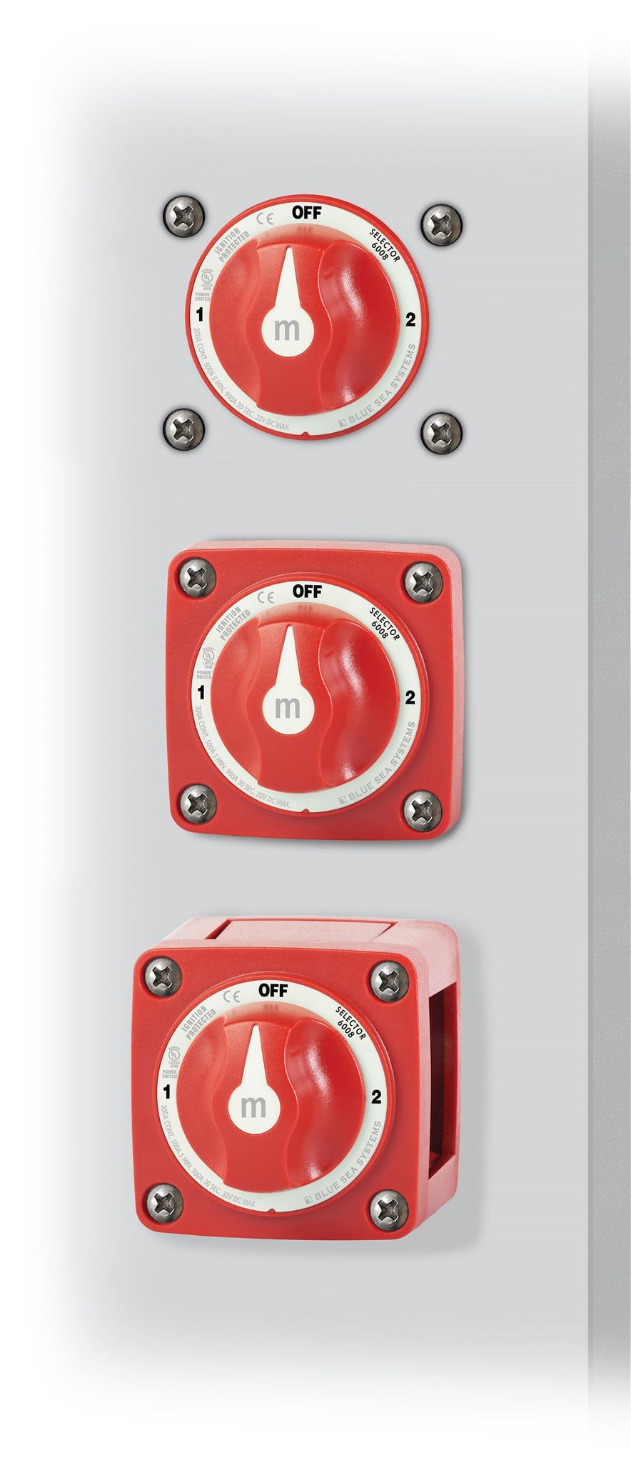 Blue Sea Systems Battery Selector Switch, M Series, Use to Switch Single Battery to Single Load Group, 3 Position, 2 Batteries, 32 Volt DC – 6008-BSS