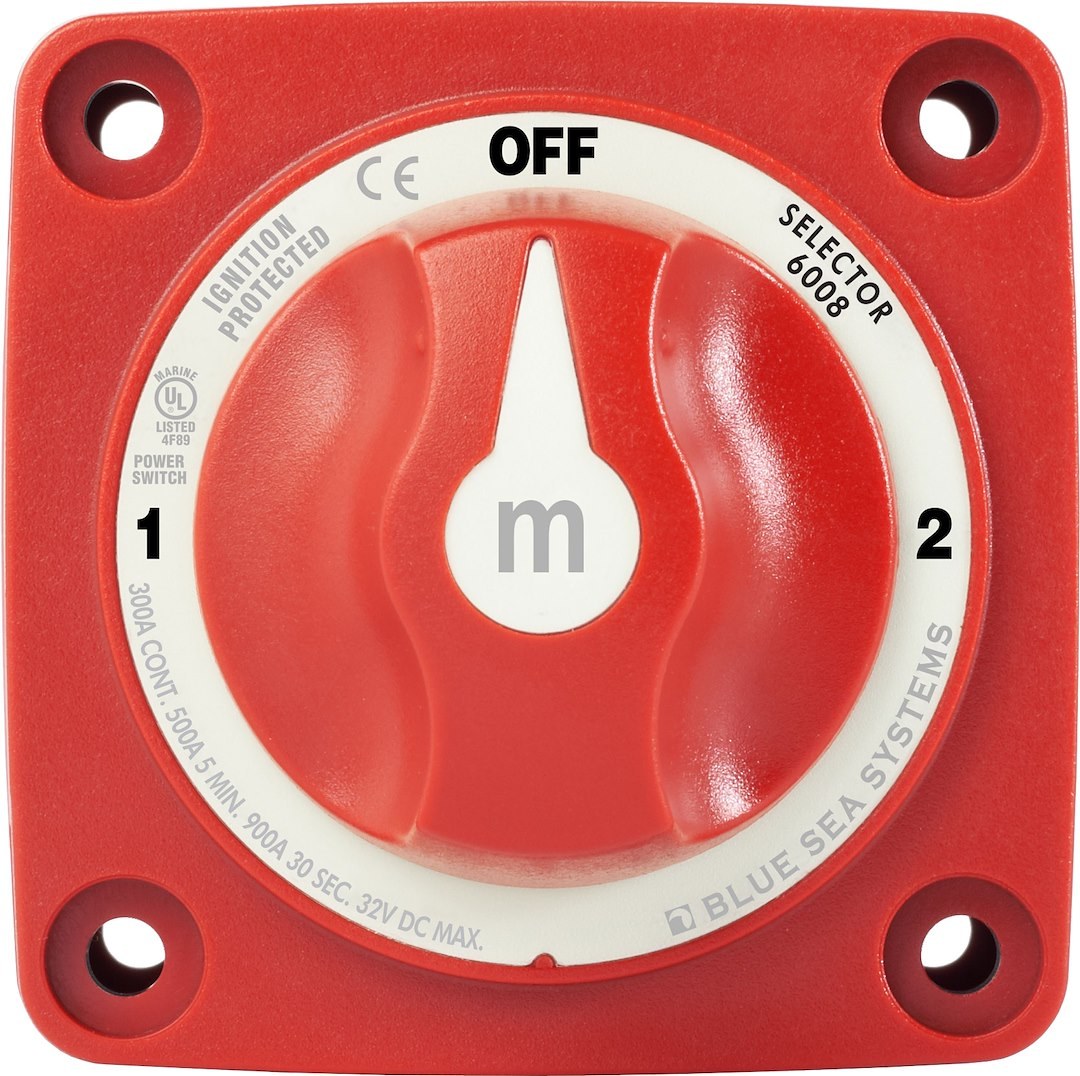 Blue Sea Systems Battery Selector Switch, M Series, Use to Switch Single Battery to Single Load Group, 3 Position, 2 Batteries, 32 Volt DC – 6008-BSS