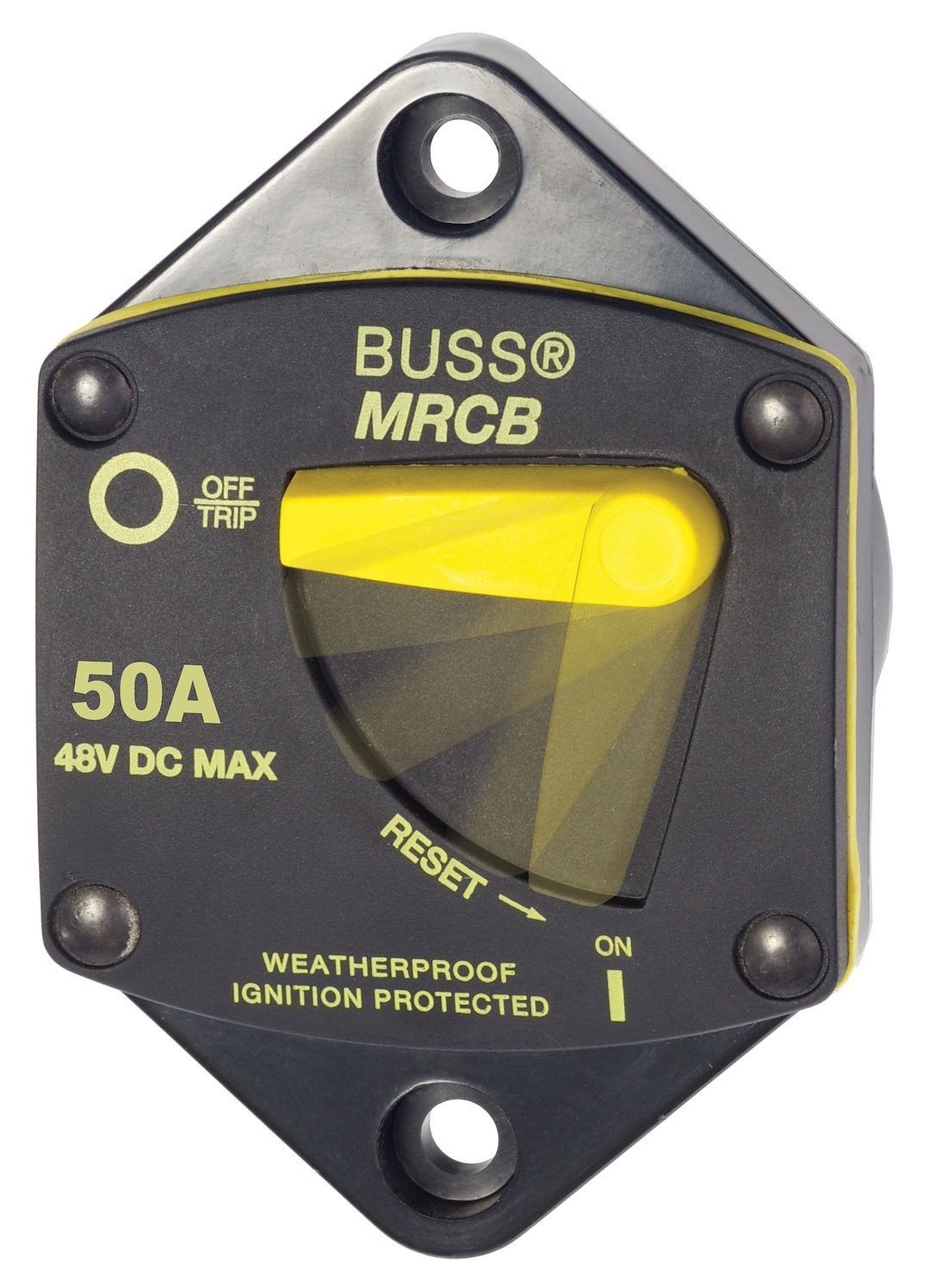 Blue Sea Systems Circuit Breaker, 187 Series, 50 Amps/ 48 Volts DC, Thermal Type, 5/16 Inch-18 Stud Terminal, Switchable/ Manual Reset – 7039-BSS