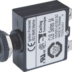Blue Sea Systems Circuit Breaker, 5 Amp/ 32 Volt DC, Thermal Type, 1/4 Inch Male Quick Connect Terminal, Push Button Manual Reset, Single – 7052-BSS