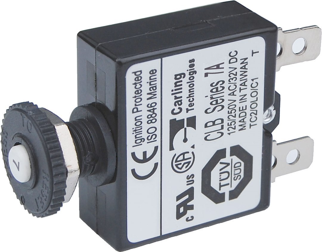 Blue Sea Systems Circuit Breaker, 7 Amps/ 32 Volts DC, Thermal Type, 1/4 Inch Male Quick Connect Terminal, Push Button Manual Reset, Single – 7053-BSS