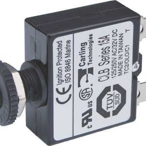 Blue Sea Systems Circuit Breaker, 15 Amp/ 32 Volt DC, Thermal Type, 1/4 Inch Male Quick Connect Terminal, Push Button Manual Reset, Single – 7056-BSS