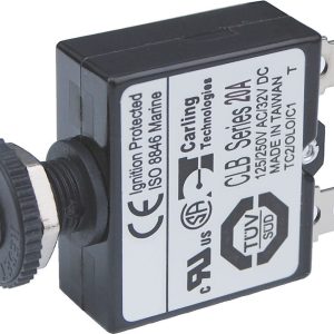 Blue Sea Systems Circuit Breaker, 20 Amp/ 32 Volt DC, Thermal Type, 1/4 Inch Male Quick Connect Terminal, Push Button Manual Reset, Single – 7057-BSS