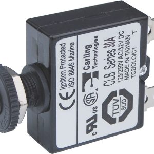 Blue Sea Systems Circuit Breaker, 30 Amp/ 32 Volt DC, Thermal Type, 1/4 Inch Male Quick Connect Terminal, Push Button Manual Reset, Single – 7059-BSS