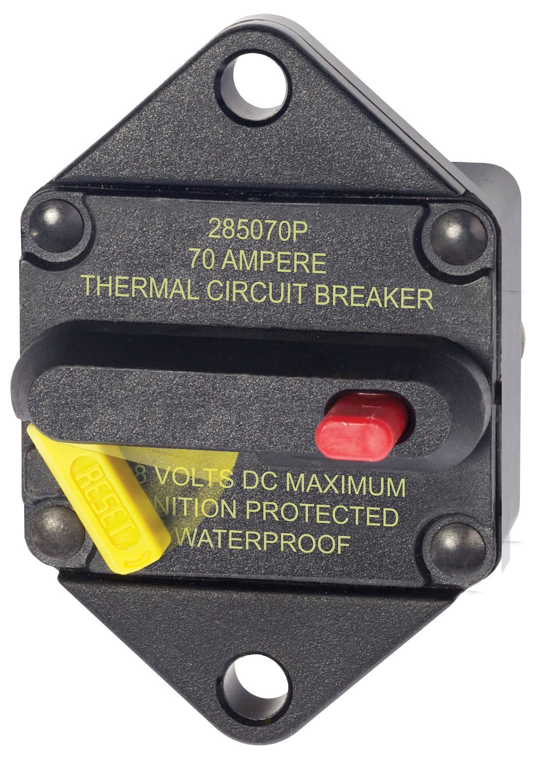 Blue Sea Systems Circuit Breaker, 285 Series, 70 Amps/ 48 Volts DC, Panel Mount, Thermal Type, M6 Stud Terminal, Switchable/Manual Reset – 7085-BSS