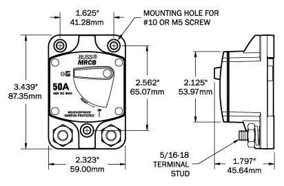 Blue Sea Systems Circuit Breaker, 187 Series, 30 Amps/ 48 Volts DC, Surface Mount, Thermal Type, 5/16 Inch-18 Stud Terminal – 7136-BSS