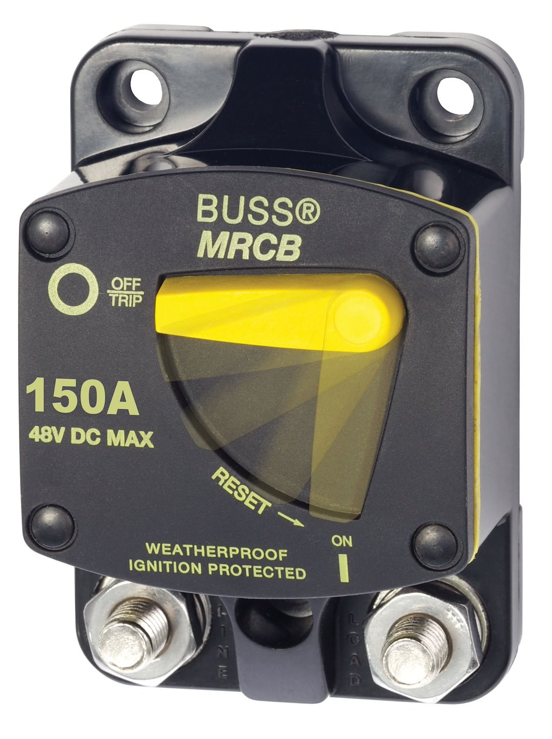 Blue Sea Systems Circuit Breaker, 187 Series, 150 Amps/ 48 Volts DC, Surface Mount, Thermal Type, 5/16 Inch-18 Stud Terminal – 7148-BSS