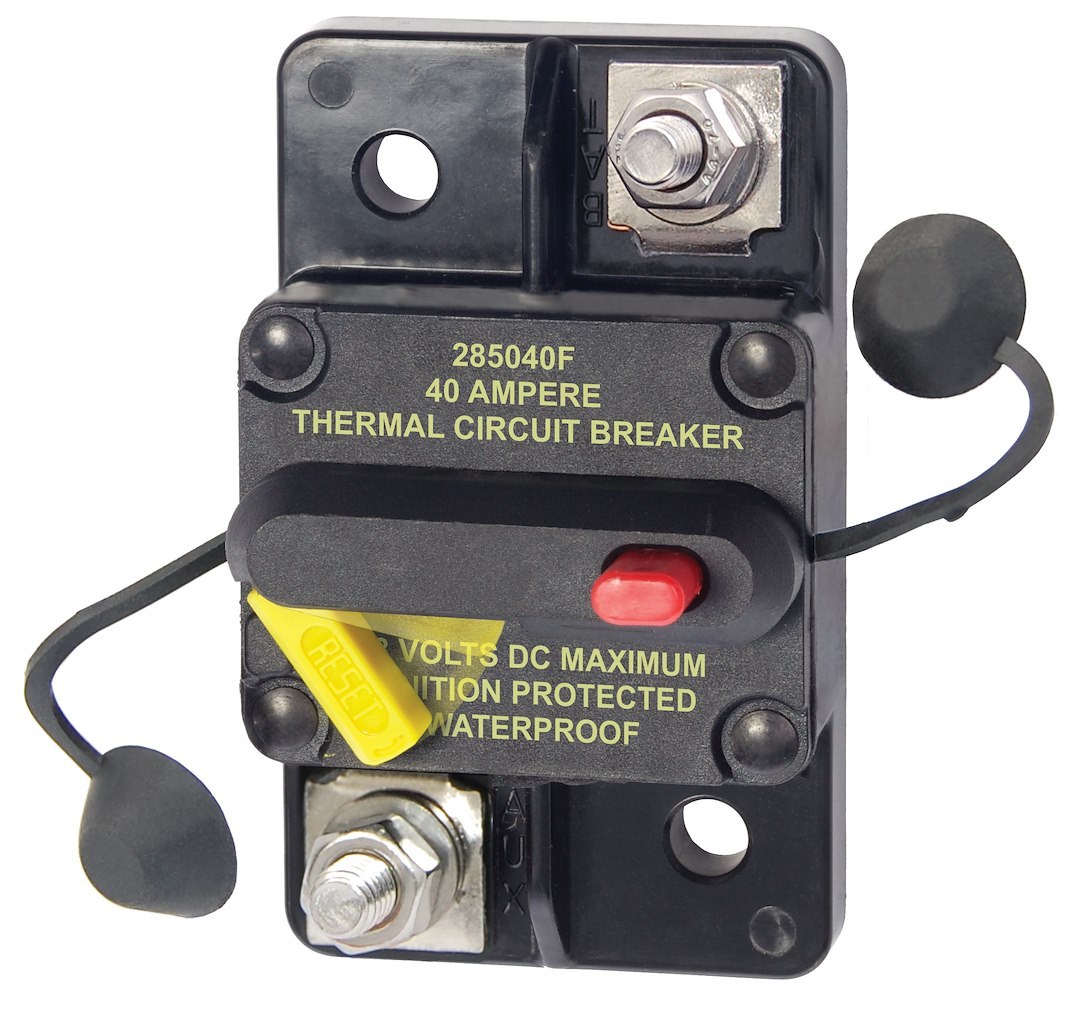 Blue Sea Systems Circuit Breaker, 285 Series, 40 Amps/ 48 Volts DC, Surface Mount, Thermal Type, M6 Stud Terminal, Switchable/Manual Reset – 7182-BSS