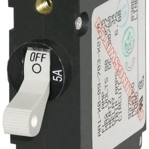 Blue Sea Systems Circuit Breaker, A Series, 5 Amps/ 240 Volt AC/ 65 Volt DC, White, Single Pole Magnetic Hydraulic Type, Toggle Actuator – 7202-BSS