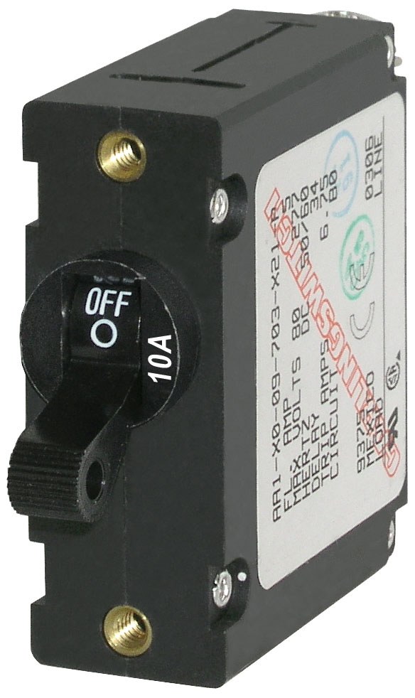 Blue Sea Systems Circuit Breaker, A Series, 10 Amps/ 240 Volt AC/ 65 Volt DC, Black, Single Pole Magnetic Hydraulic Type, Toggle Actuator – 7204-BSS