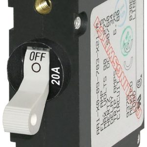 Blue Sea Systems Circuit Breaker, A Series, 20 Amps/ 240 Volt AC/ 65 Volt DC, White, Single Pole Magnetic Hydraulic Type, Toggle Actuator – 7214-BSS
