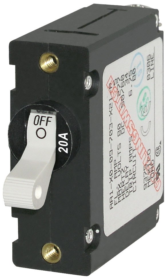 Blue Sea Systems Circuit Breaker, A Series, 20 Amps/ 240 Volt AC/ 65 Volt DC, White, Single Pole Magnetic Hydraulic Type, Toggle Actuator – 7214-BSS