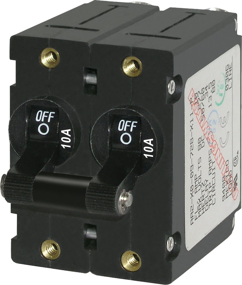 Blue Sea Systems Circuit Breaker, A Series, 10 Amps/ 120/ 240 Volt AC/ 65 Volt DC, Black, Double Pole Magnetic Hydraulic Type – 7232-BSS