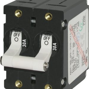 Blue Sea Systems Circuit Breaker, A Series, 30 Amps/ 120/ 240 Volt AC/ 65 Volt DC, White, Double Pole Magnetic Hydraulic Type – 7238-BSS