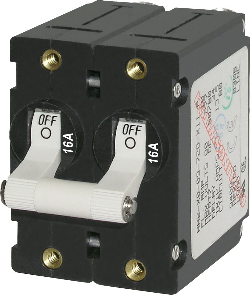 Blue Sea Systems Circuit Breaker, A Series, 16 Ampere, 120/ 240 Volt AC/ 65 Volt DC, White, Double Pole Magnetic Hydraulic Type – 7294-BSS
