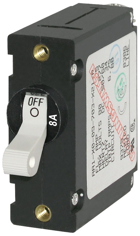 Blue Sea Systems Circuit Breaker, A Series, 8 Ampere, 240 Volt AC/ 65 Volt DC, White, Single Pole Magnetic Hydraulic Type, Toggle Actuator – 7299-BSS