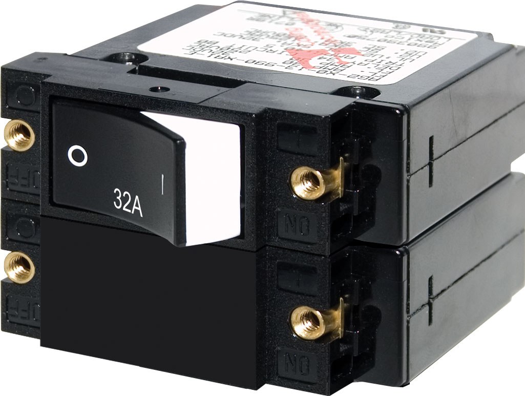 Blue Sea Systems Circuit Breaker, A Series, 32 Ampere, 120/ 240 Volt AC/ 32 Volt DC, Double Pole Magnetic Hydraulic Type – 7575-BSS