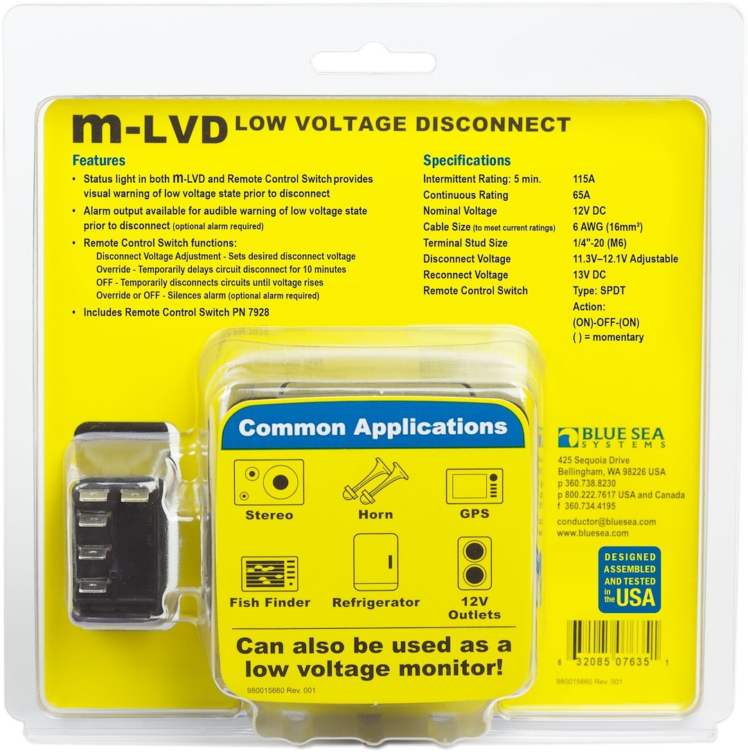 Blue Sea Systems Battery Voltage Sensing Relay, M Series, 12 Volts DC, 65 Amps Continuous/ 115 Amps Intermittent, 1/0 Awg Wire – 7635-BSS