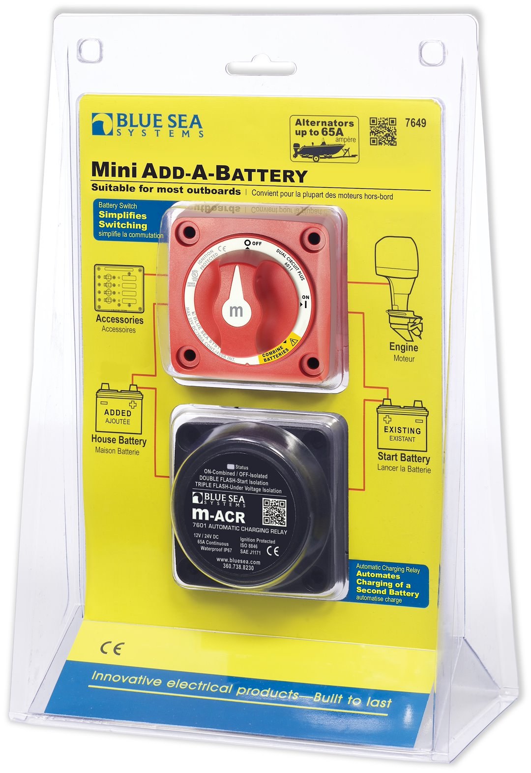 Blue Sea Systems Battery Disconnect Switch, Dual Circuit Plus Switch, 65 Amps, Red, With Black Automatic Charging Relay – 7649-BSS