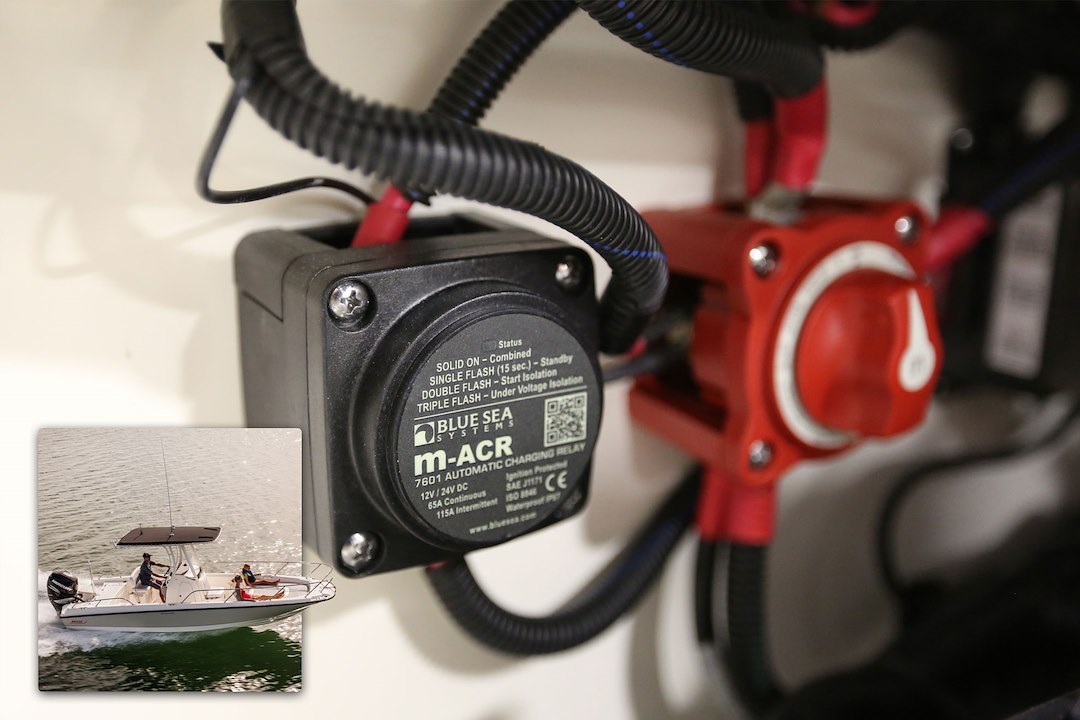 Blue Sea Systems Battery Disconnect Switch, Dual Circuit Plus Switch, 65 Amps, Red, With Black Automatic Charging Relay – 7649-BSS