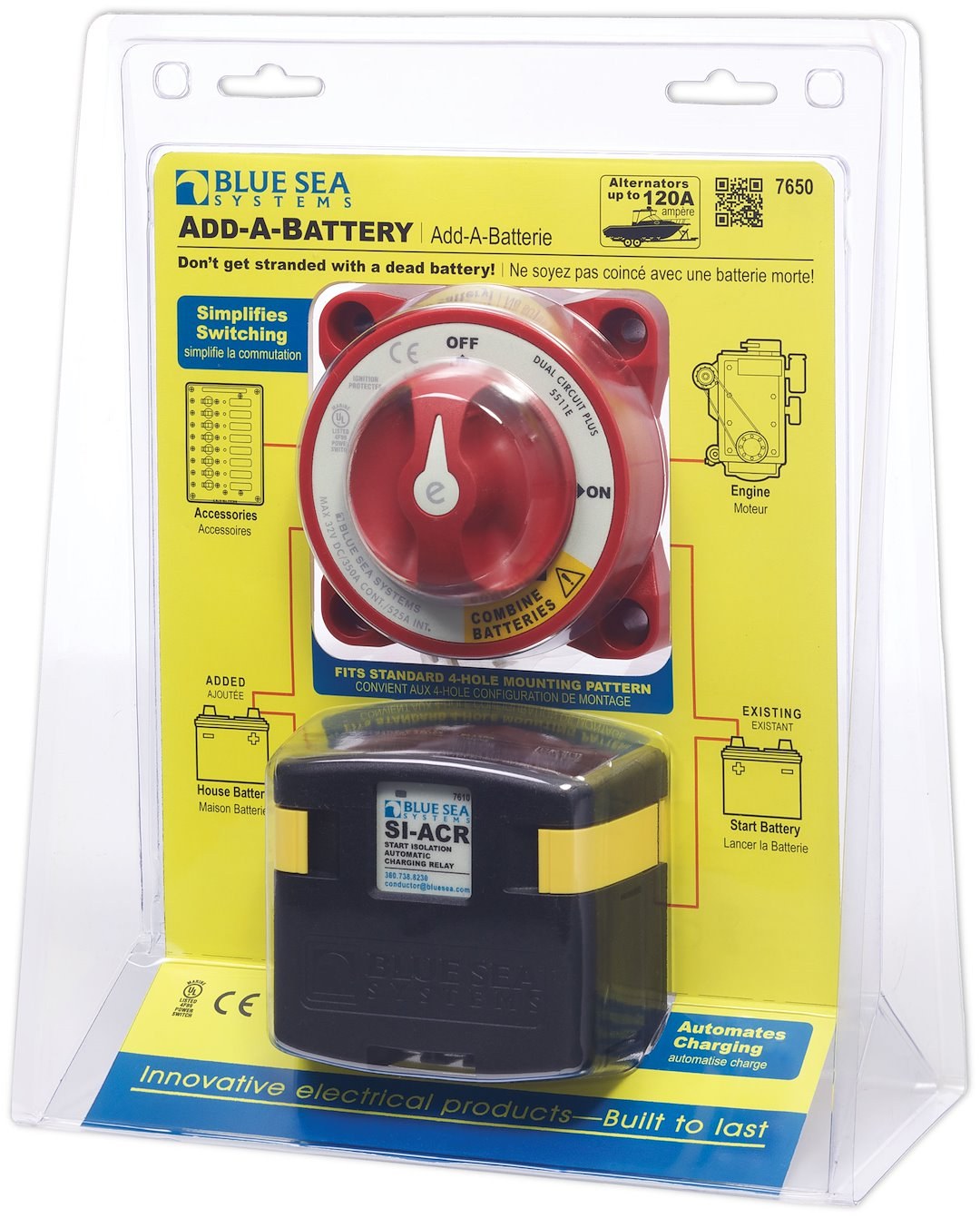 Blue Sea Systems Battery Disconnect Switch, Dual Circuit Plus Switch, 120 Amps, Red, With Black Automatic Charging Relay – 7650-BSS