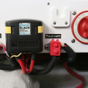 Blue Sea Systems Battery Disconnect Switch, Dual Circuit Plus Switch, 120 Amps, Red, With Black Automatic Charging Relay – 7650-BSS