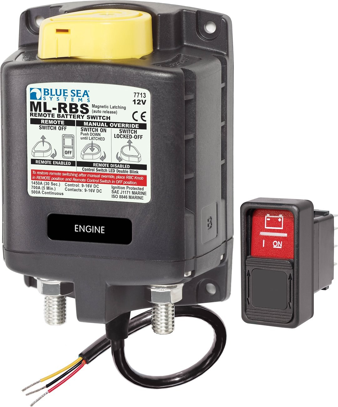 Blue Sea Systems Battery Disconnect Switch, 12 Volts DC, 500 Amps, Black, With Spdt Remote Control Contura Switch – On-On – 7713-BSS
