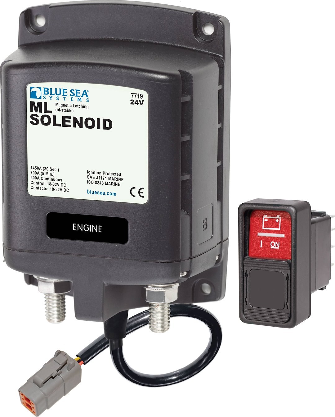 Blue Sea Systems Battery Disconnect Switch, 24 Volt DC, 500 Amp, Black, With Spdt Remote Control Contura Switch – On-On – 7719100-BSS