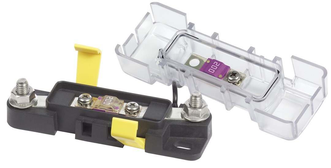 Blue Sea Systems Fuse Block, 32 Volts DC, 200 Amps, Uses Ami/ Midi Safety Fuse, With Protective Cover/ 8 Write-On Circuit Labels – 7720-BSS