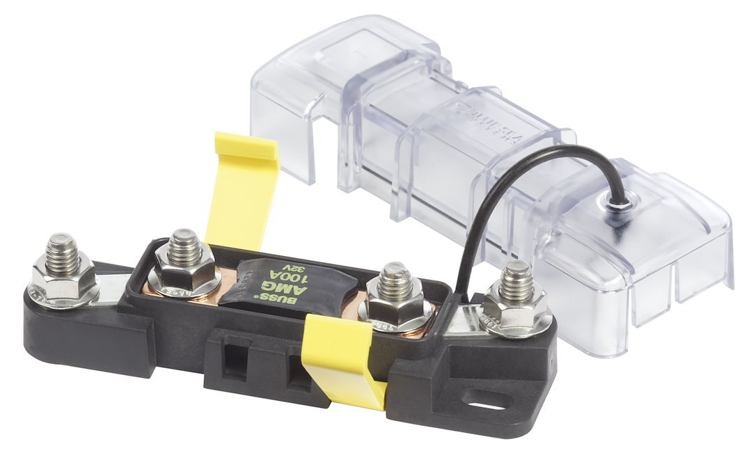 Blue Sea Systems Fuse Block, 32 Volts DC, 300 Amps, Uses Mega/ Amg Safety Fuse, With Protective Cover and 8 Write-On Circuit Labels – 7721-BSS
