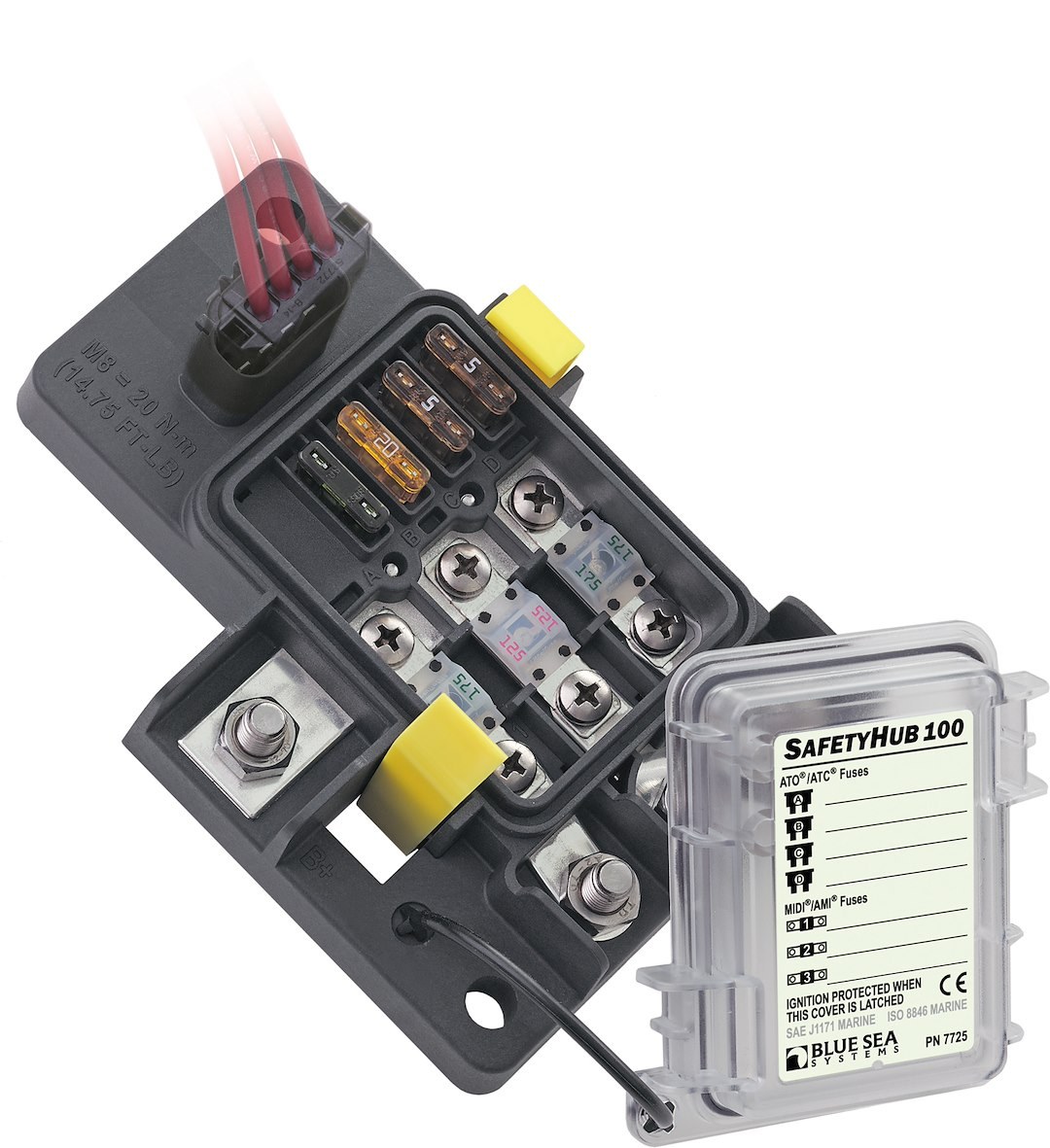 Blue Sea Systems Fuse Block, Safetyhub, 32 Volt DC, 280 Ampere, Uses Ami®/ Midi®/ Ato®/ Atc® Fuse – 7725-BSS