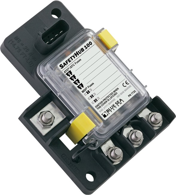 Blue Sea Systems Fuse Block, Safetyhub, 32 Volt DC, 280 Ampere, Uses Ami®/ Midi®/ Ato®/ Atc® Fuse – 7725-BSS