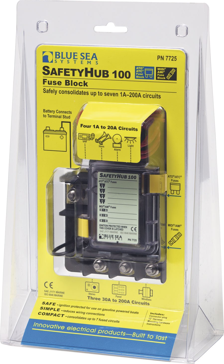Blue Sea Systems Fuse Block, Safetyhub, 32 Volt DC, 280 Ampere, Uses Ami®/ Midi®/ Ato®/ Atc® Fuse – 7725-BSS