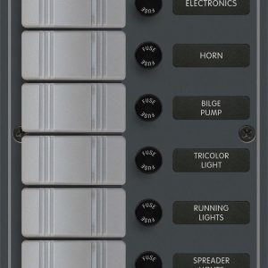 Blue Sea Systems Switch Panel, With 6 Rocker Switches, LED Indicator Lights, 6 Positions, 12/ 24 Volt DC, 45 Amps, Gray, IP66 Rated – 8053-BSS