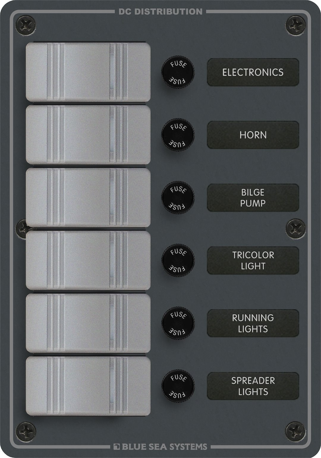 Blue Sea Systems Switch Panel, With 6 Rocker Switches, LED Indicator Lights, 6 Positions, 12/ 24 Volt DC, 45 Amps, Gray, IP66 Rated – 8053-BSS