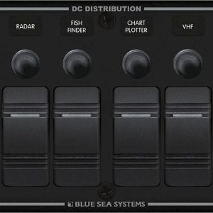 Blue Sea Systems Switch Panel, With 8 Rocker Switches, LED Indicator Lights, 8 Positions, 12/24 Volt DC, 90 Amps, Black – 8371-BSS