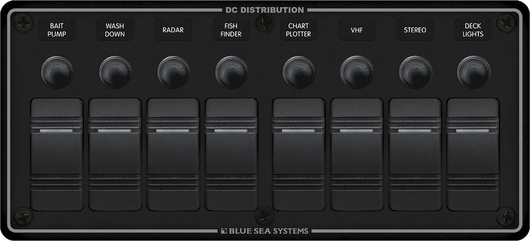 Blue Sea Systems Switch Panel, With 8 Rocker Switches, LED Indicator Lights, 8 Positions, 12/24 Volt DC, 90 Amps, Black – 8371-BSS