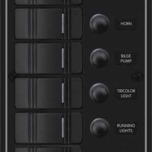 Blue Sea Systems Switch Panel, With 6 Rocker Switches, LED Indicator Lights, 6 Positions, 12/24 Volt DC, 45 Amps, Black – 8373-BSS