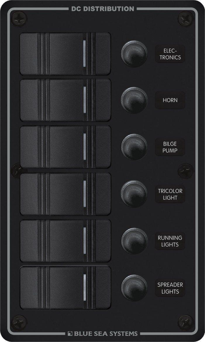 Blue Sea Systems Switch Panel, With 6 Rocker Switches, LED Indicator Lights, 6 Positions, 12/24 Volt DC, 45 Amps, Black – 8373-BSS