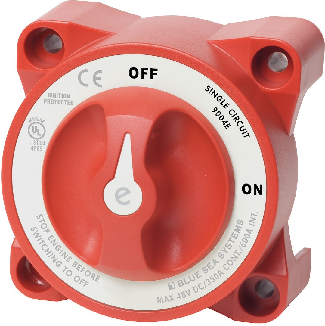 Blue Sea Systems Battery Disconnect Switch, E-Series, 48 Volts DC, Single Circuit On-Off, 350 Amps, Red, With Alternator Field Disconnect – 9004E-BSS