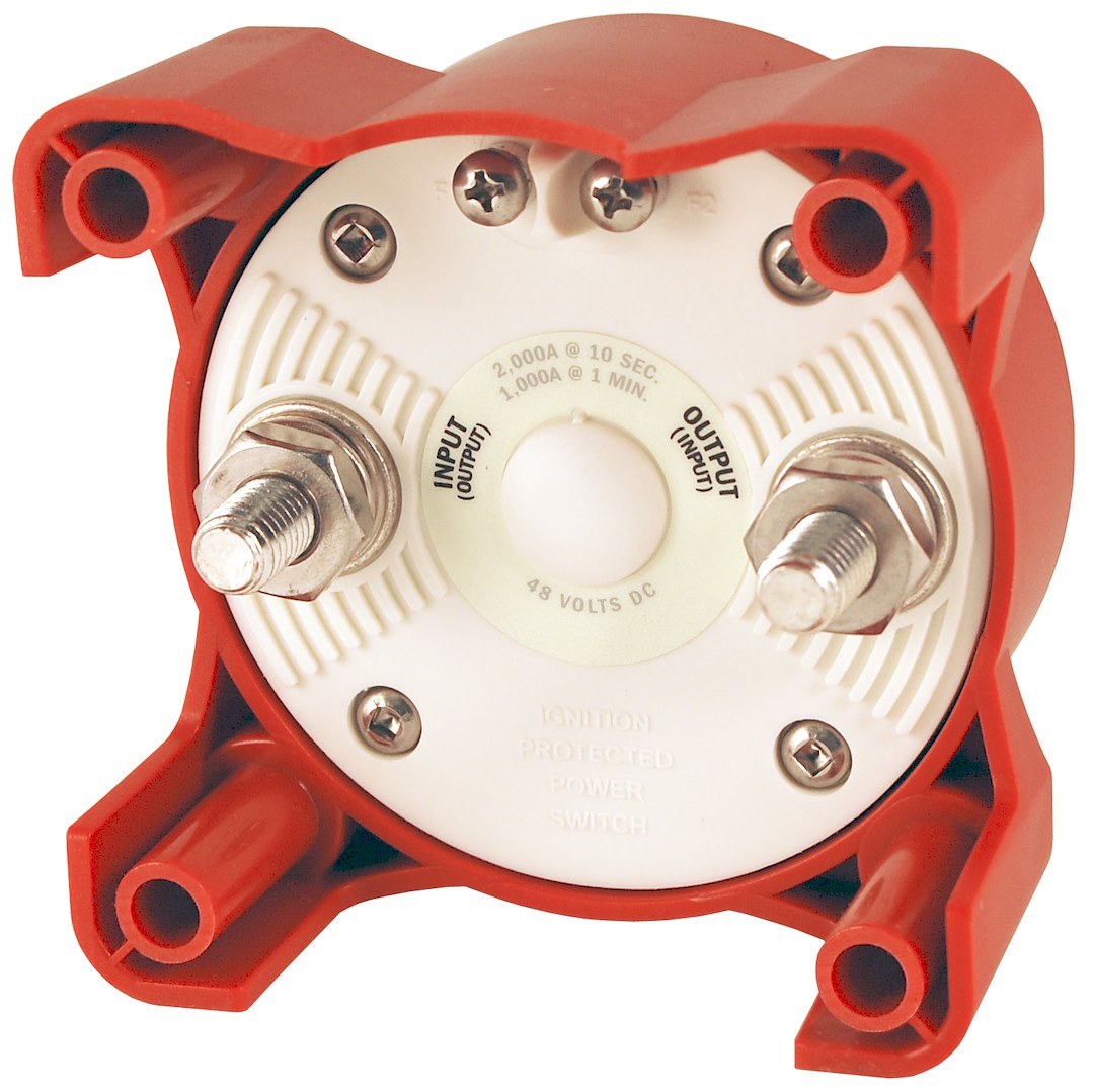 Blue Sea Systems Battery Disconnect Switch, E-Series, 48 Volts DC, Single Circuit On-Off, 350 Amps, Red, With Alternator Field Disconnect – 9004E-BSS