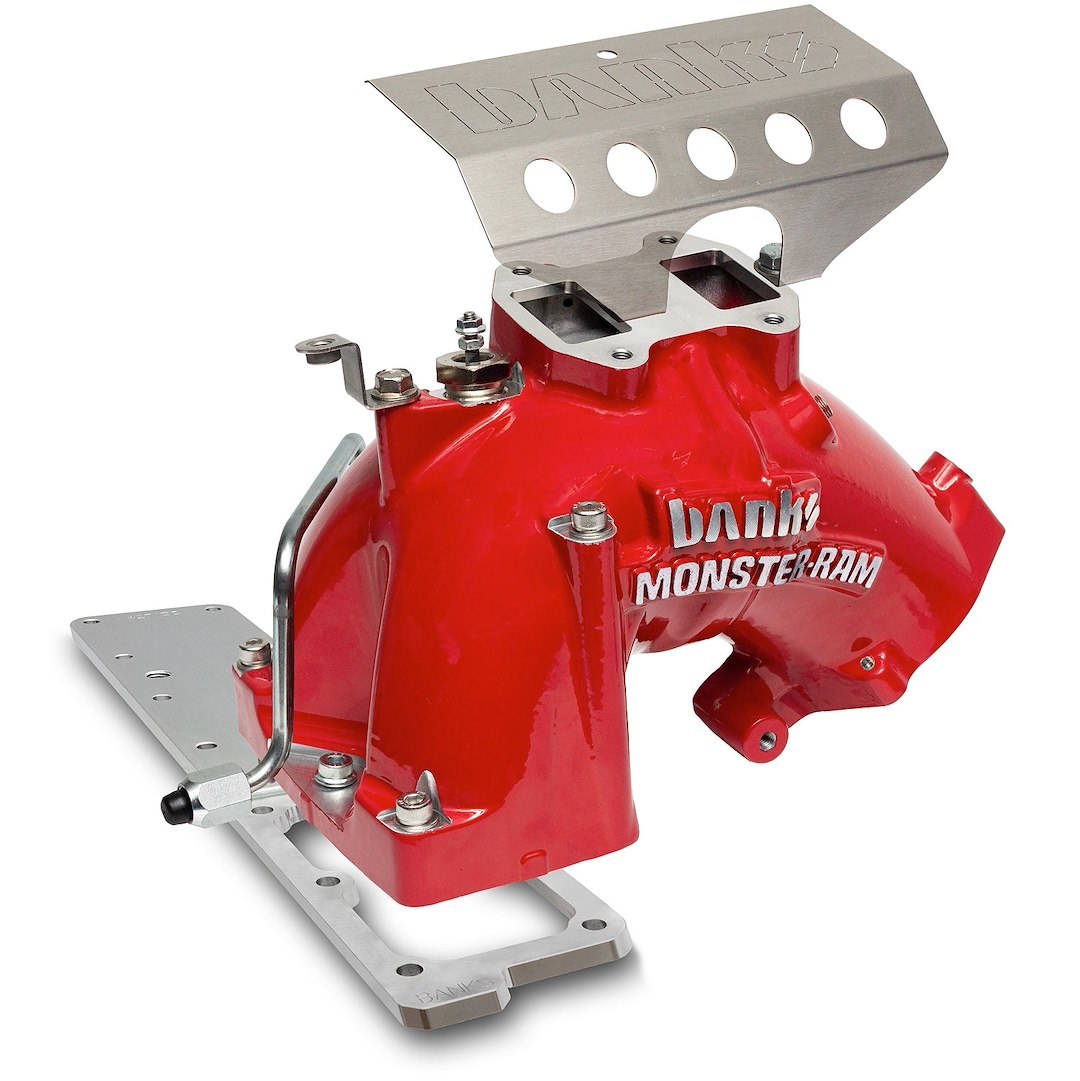Banks Throttle Body Intake Elbow, Monster-Ram ™, 3-3/8 Inch Inlet, Four 1/8 Inch NPT Ports, Aluminum, Red, Powder Coated – 42797-PC