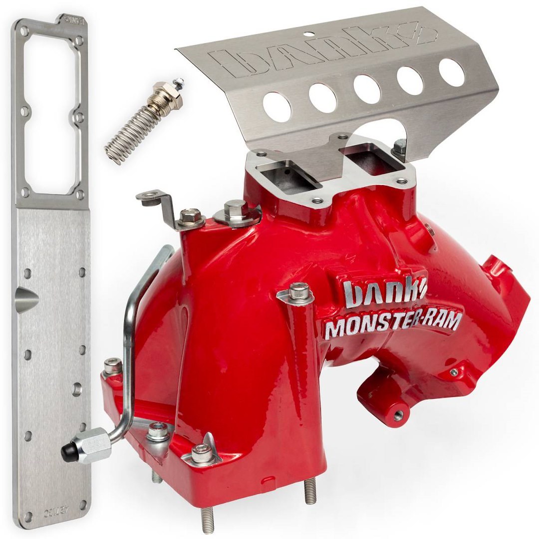 Banks Throttle Body Intake Elbow, Monster-Ram ™, 3-3/8 Inch Inlet, Four 1/8 Inch NPT Ports, Aluminum, Red, Powder Coated – 42798-PC