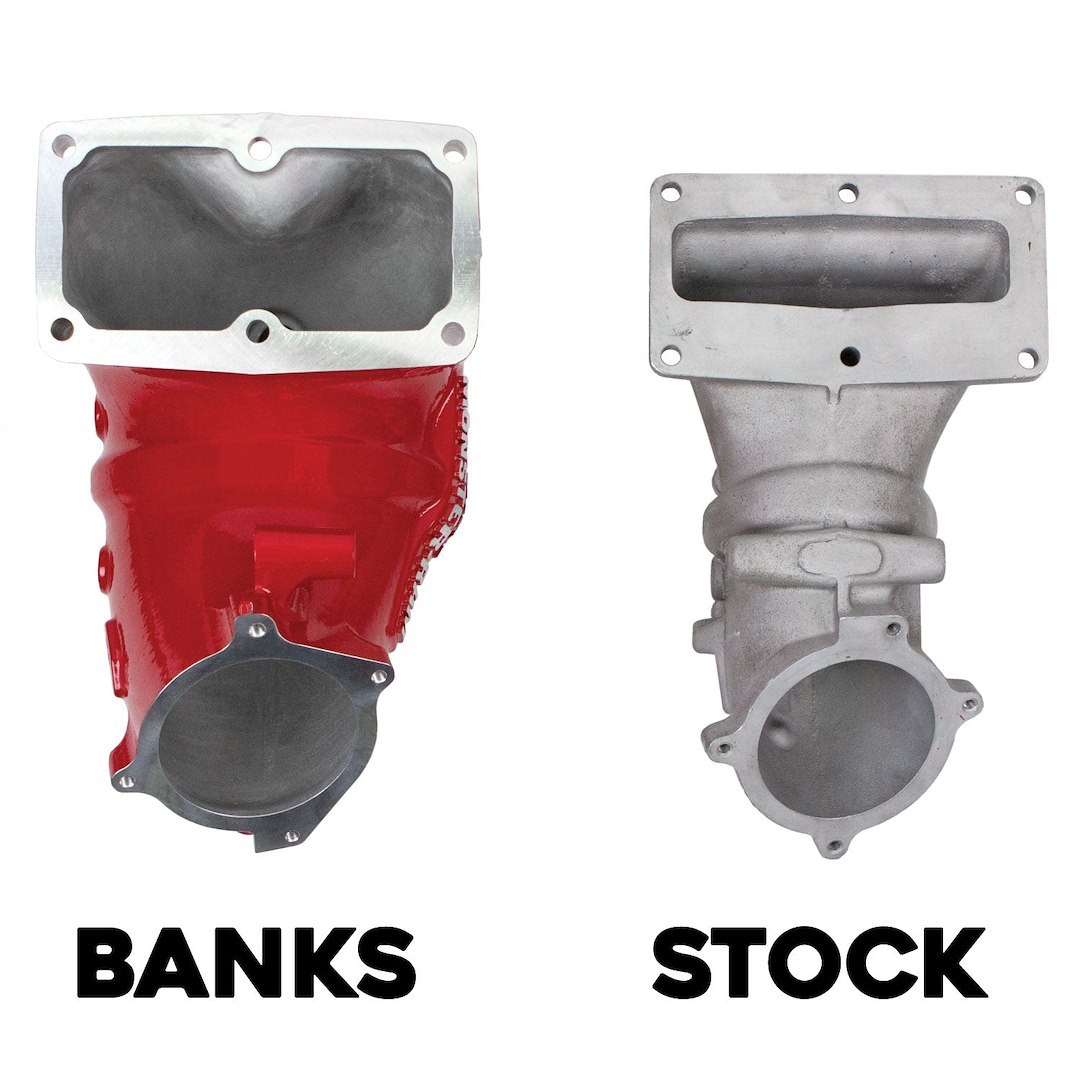 Banks Throttle Body Intake Elbow, Monster-Ram ™, 3-3/8 Inch Inlet, Four 1/8 Inch NPT Ports, Aluminum, Red, Powder Coated – 42799-PC