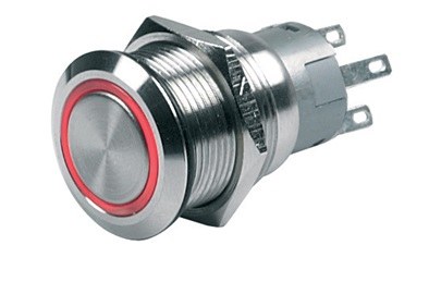 Bep Push Button Switch, On/ Off Switch, 5 Amp, Panel Mount, With Red LED Ring, 12 Volt, Stainless Steel – 80-511-0001-00