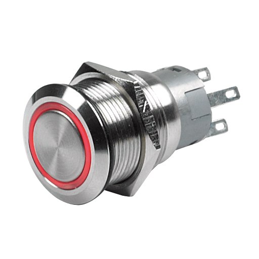 Bep Push Button Switch, On/ Off Switch, 5 Amp, 12 Volt, Panel Mount, With Red LED Ring, Stainless Steel – 80-511-0001-01