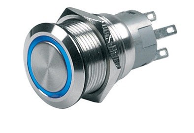 Bep Push Button Switch, On/ Off Switch, 5 Amp, Panel Mount, With Blue LED Ring, 12 Volt, Stainless Steel – 80-511-0003-00